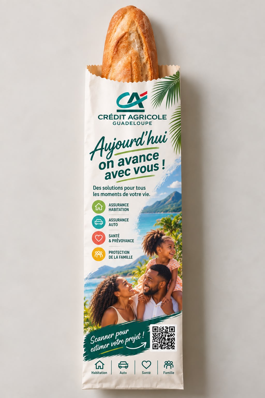 Sac à pain publicitaire Crédit Agricole Guadeloupe avec QR code